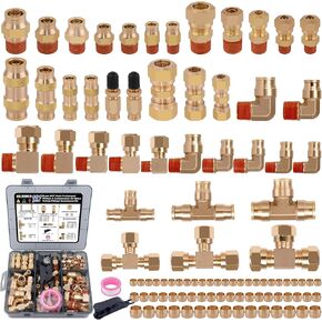 101pcs النحاس النحاس النقطية خط فرامل الهواء تجهيزات 1/4 "3/8" 1/2 "لتوصيل تركيبات الاتصال السريع وضغط الهواء نايلون أنابيب إصلاح مجموعات التشكيلة للشاحنة أو نظام الهواء الصناعي