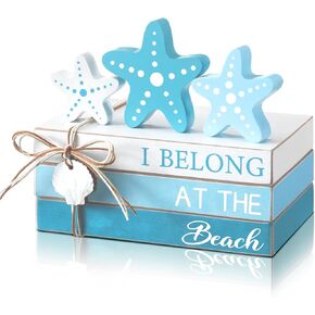 Starfish Beach Tiered Tray Starfish Table Decorations Blue Rustic Farmhouse Decor Starfish Shells Mini Wood Book Stacks Centerpiece for Summer Home Living Room Bedside