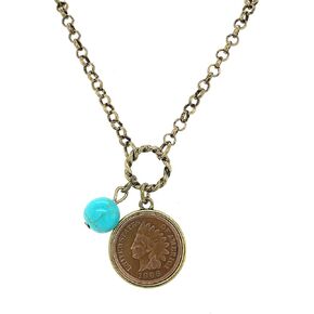 American Coin Treasures Indian Head Cent with Genuine Turquoise Bead Coppertone Coin Pendant