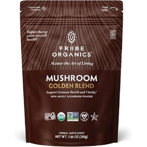 Tribe Organics Mushroom Golden Blend Powder - مجمع مسحوق الفطر العضوي - 10 في 1 الفطر لدعم المناعة والصحة - 200 جرام - 100 حصص