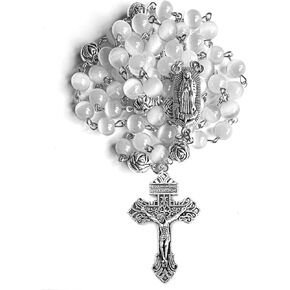 rosary beads catholic for women and men, 8mm White Cat's Eye rosary beads with Ornate Silver Crucifix and Virgin Mary Medal