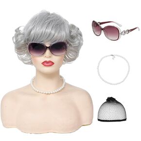 Old Lady Wig for Women Short Curly Silver Grey Granny Wigs for Costume Cosplay themed Party (Grey)