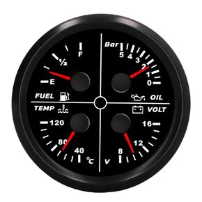 Universal 85mm 4 in 1 Multi Function Gauge, IP67 Multifunctional Gauge Oil Pressure Fuel Level Water Temp Voltage Meter with Red Backlight, 8-16V Voltmeter for RV Yacht Ship