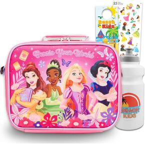 Disney Princess Lunch Box for Girls - Bundle with Lunch Bag Featuring Belle, Tiana, Rapunzel, Snow White Plus Stickers, Water Bottle, More | Disney Princess Lunchbox Set for Kids