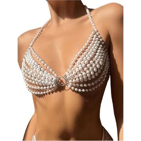 WDIRARA Women's Pearl Beaded Halter Bikini Top Sleeveless Backless Beach Cover Up Tops