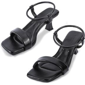Trakxy Women Square Toe Sandal Comfortable Open Toe Kitten Heel Ankle Strappy Sandal for Dress Daily Party Wedding (Black)