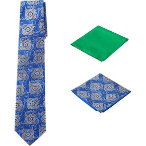 Men's Woven Medallion Regular Length Neck Tie with 2 Handkerchief Pocket Squares Hanky Set - Blue Navy Green