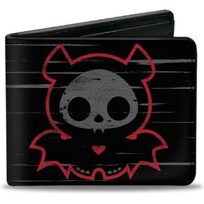 Skelanimals Wallet ، Bifold ، Skelanimals Diego the Bat I Bite Pose Black White Red ، Leated Leather