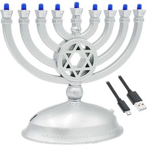 The Dreidel Company Electric Menorah Travel On The Go, LED Menorah, Batteries or USB Powered, Micro USB 4' Cable Included (Silver Matte)