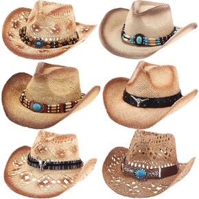 JaGely 6 Pcs Men's Women's Straw Cowboy Hat Adjustable Western Cowgirl Classic Retro Woven Cowboy Hat with Wide Brim
