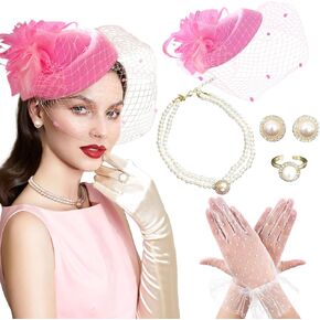 Pink Tea Party Hat Gloves Women Fascinators Hats Gloves Pearl Necklace Earrings Choker for Wedding Baby Bridal Shower Birthday