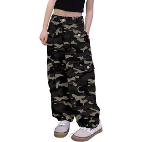 Girl's Elastic High Waist Cargo Pants Wide Leg Trousers with Flap Pocket, 3-14 Years