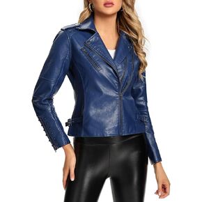 S P Y M Womens Faux Leather Jacket, Double Zip Up Coat, Moto Biker Outwear with Rivets, Regular and Plus Size
