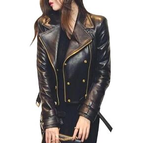 CHAYELL Womens Brando Leather Jacket Ladies Rose Golden Genuine Leather Motorcycle Biker Black Lambskin Jacket