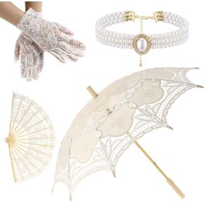 4 Pcs 32'' White Vintage Lace Parasol Umbrella Handheld Folding Fan Set Rhinestones Pearls Necklace Lace Gloves Set for Women Bride Wedding Tea Party Halloween Costume