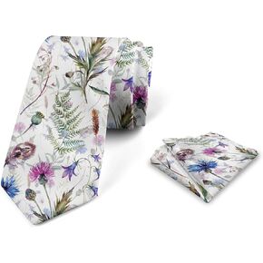 Ambesonne Thistle Men's Tie Set, Hand-Drawn Watercolor Style Summer Wildflowers Pattern as Cornflower and Thistle, Necktie Set Groom Handkerchief for Parties Weddings & All Occasions, Multicolor