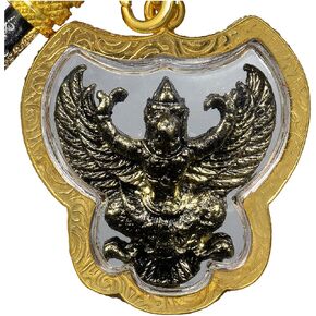 Magic Thai Buddha Amulet Protection Garuda Phaya Krut Gold Micron Plated Pendant With Takrut&Tweezers