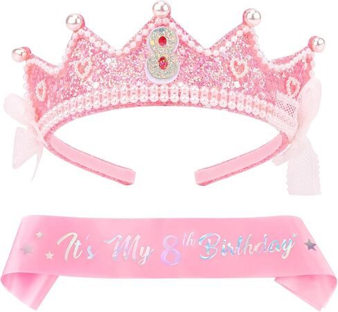 Chanaco 5th Birthday decorations Pearl Birthday Crown for 5 Year Old Girls 5th Birthday Sash and Tiara Outfit Pink Glitter Heart Headband Hair Accessories Cute Bow Headpieces for Party in Saudi Arabia