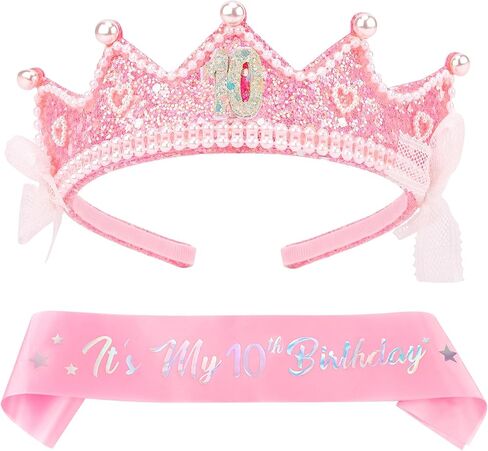 Chanaco 5th Birthday decorations Pearl Birthday Crown for 5 Year Old Girls 5th Birthday Sash and Tiara Outfit Pink Glitter Heart Headband Hair Accessories Cute Bow Headpieces for Party in Saudi Arabia