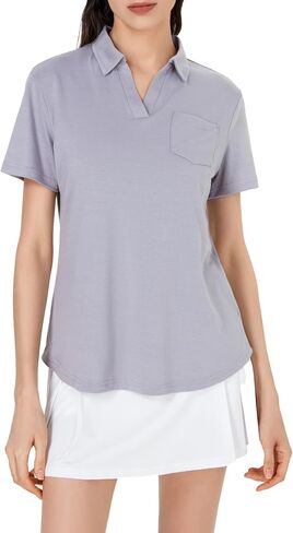 Women's V-Neck Ruffle Design Polo Shirts Short Sleeve Collared Loose Casual Tunic Blouses with Pocket in Saudi Arabia