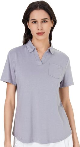 Women's V-Neck Ruffle Design Polo Shirts Short Sleeve Collared Loose Casual Tunic Blouses with Pocket in Saudi Arabia