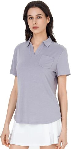 Women's V-Neck Ruffle Design Polo Shirts Short Sleeve Collared Loose Casual Tunic Blouses with Pocket in Saudi Arabia