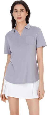 Women's V-Neck Ruffle Design Polo Shirts Short Sleeve Collared Loose Casual Tunic Blouses with Pocket in Saudi Arabia