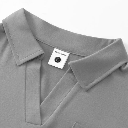 Women's V-Neck Ruffle Design Polo Shirts Short Sleeve Collared Loose Casual Tunic Blouses with Pocket in Saudi Arabia