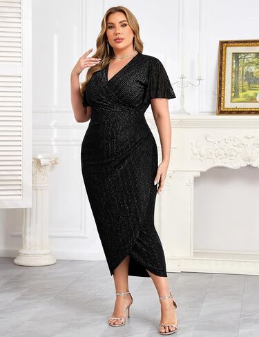 Zomva plus size bodycon فستان رسمي براقة v-رقص التفاف midi الأكمام الكشكش كوكتيل براقة in Kuwait