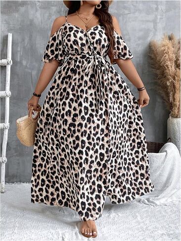 Oyoangle Women's Plus Leopard Print Condt Counder Wrap V الرقبة الطويلة فستان متصل بالفساتين الفخذ in Saudi Arabia