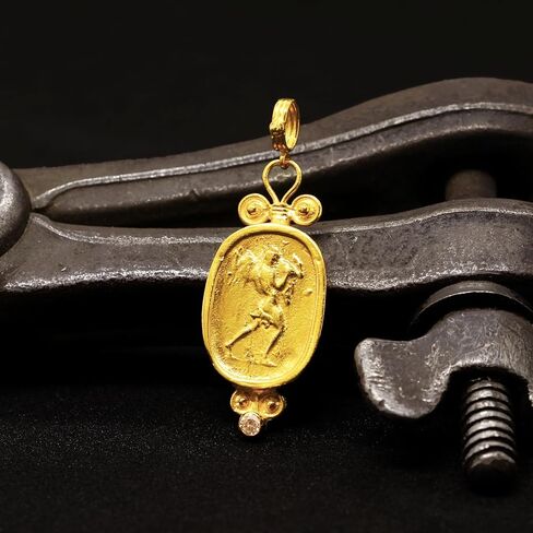 Caprixus 925 Sterling Silver Pendant Ancient Hercules Coin 24K Gold Vermeil Champagne Color Cubic Zirconia Handmade Granulated Designer Greek Roman Art Artisan Turkish Fine Jewelry in Saudi Arabia