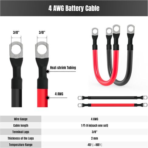 4 AWG Battery Cable 4 Gauge Battery Cables 4AWG Battery Power Inverter Wires Cables with 3/8 inch Lugs for Solar Systems, RVs, Campers, Travel Trailers, Cars (1FT + 2FT) in Saudi Arabia