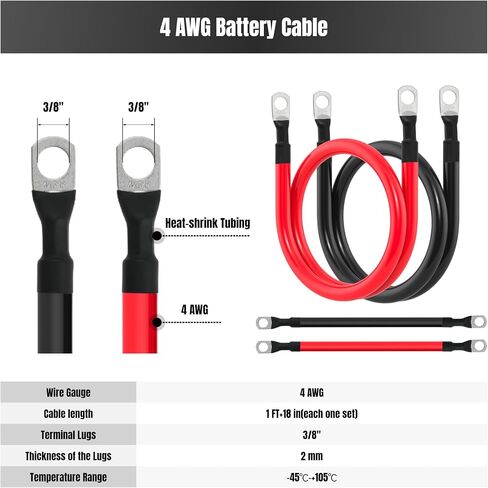 4 AWG Battery Cable 4 Gauge Battery Cables 4AWG Battery Power Inverter Wires Cables with 3/8 inch Lugs for Solar Systems, RVs, Campers, Travel Trailers, Cars (1FT + 2FT) in Saudi Arabia