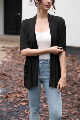 HIYIYEZI Women's Short Sleeve Open Front Cardigan Casual Loose Lightweight Cardigans with Pockets in Kuwait