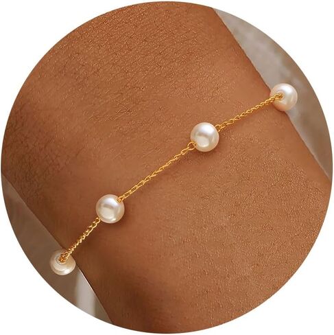 KAERUN Pearl Gold Bracelets for Women Trendy 14K Gold Plated Dainty Pearl Beaded Bracelet Adjustable Chain Bracelets Non Tarnish Bridesmaid Proposal Birthday Gifts for Women Jewelry in Kuwait