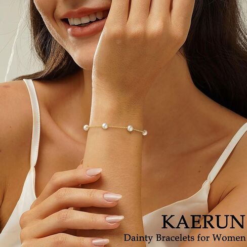 KAERUN Pearl Gold Bracelets for Women Trendy 14K Gold Plated Dainty Pearl Beaded Bracelet Adjustable Chain Bracelets Non Tarnish Bridesmaid Proposal Birthday Gifts for Women Jewelry in Kuwait
