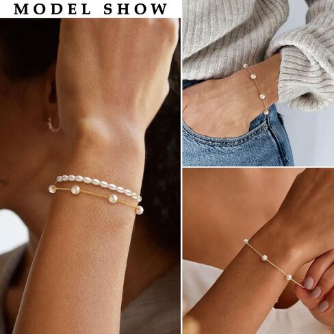 KAERUN Pearl Gold Bracelets for Women Trendy 14K Gold Plated Dainty Pearl Beaded Bracelet Adjustable Chain Bracelets Non Tarnish Bridesmaid Proposal Birthday Gifts for Women Jewelry in Kuwait