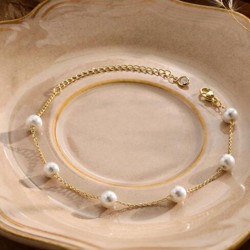KAERUN Pearl Gold Bracelets for Women Trendy 14K Gold Plated Dainty Pearl Beaded Bracelet Adjustable Chain Bracelets Non Tarnish Bridesmaid Proposal Birthday Gifts for Women Jewelry in Kuwait