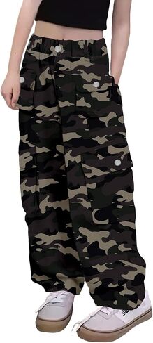 Girl's Elastic High Waist Cargo Pants Wide Leg Trousers with Flap Pocket, 3-14 Years in Kuwait