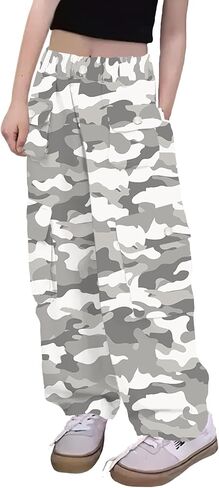 Girl's Elastic High Waist Cargo Pants Wide Leg Trousers with Flap Pocket, 3-14 Years in Kuwait