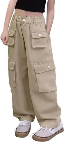 Girl's Elastic High Waist Cargo Pants Wide Leg Trousers with Flap Pocket, 3-14 Years in Kuwait