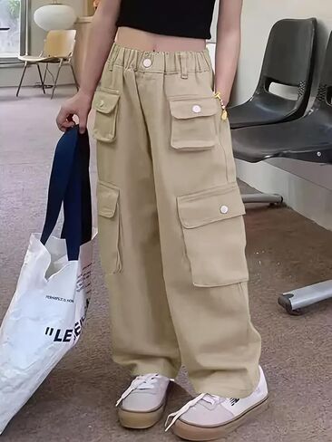 Girl's Elastic High Waist Cargo Pants Wide Leg Trousers with Flap Pocket, 3-14 Years in Kuwait