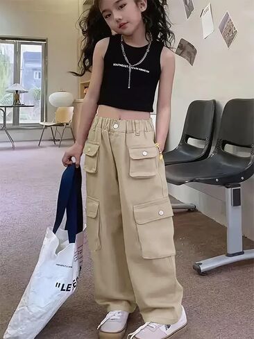 Girl's Elastic High Waist Cargo Pants Wide Leg Trousers with Flap Pocket, 3-14 Years in Kuwait