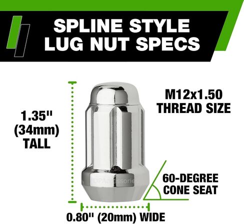 DPAccessories Black M12x1.50 Lug Nuts for Aftermarket Wheels - Closed End Spline Tuner - 34mm (1.35") Tall - Set of 24 - D5246P-2308/24 in Saudi Arabia