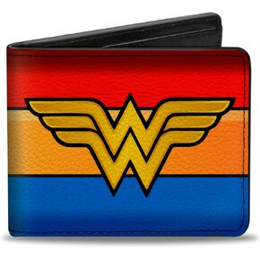 Buckle-Down Unisex-Adult's PU Bifold Wallet-Wonder Woman Logo/Stripe Red/Yellows/Blue, Multicolor, 4.0" x 3.5"