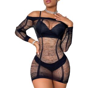 KAYLLE&KT Womens Lingerie Sexy babydoll Cut Out Mesh Bodycon Dress Fishnet Lingerie Long Sleeve Free Size