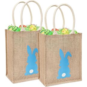 ATFUNSHOP Easter Tote Bag for Kids Reusable Blue Bunny Basket for Egg Hunt Linen