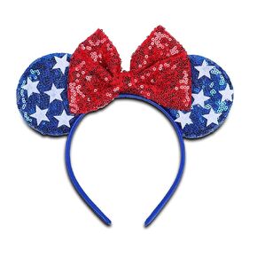 4th of July Mouse Ears Headband for Women Men, Glitter Bow Headbands Cute Independence Day Hair Accessories for Adults Patriotic Party Decoration 1PCS(Blue)