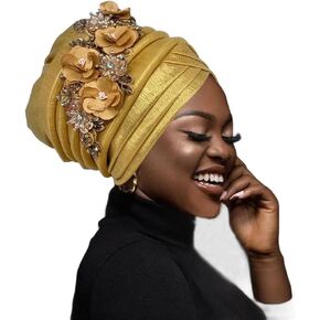 2024 New African Women's Turban Cap Nigeria Auto Gele Headtie Already Made Wedding Geles Female Head Wraps with Diamond Flower Gold (US, Alpha, One Size, Medium, Gold)