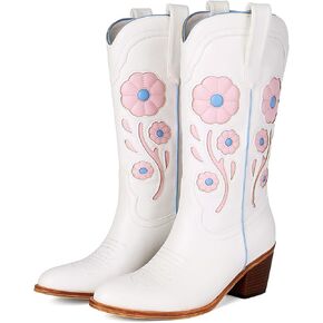 Womens Floral Cowboy Boots,Cute Mid Calf Flower Cowgirl Western Country Boot Pointed Toe Chunky Heel Shoes for Women.
